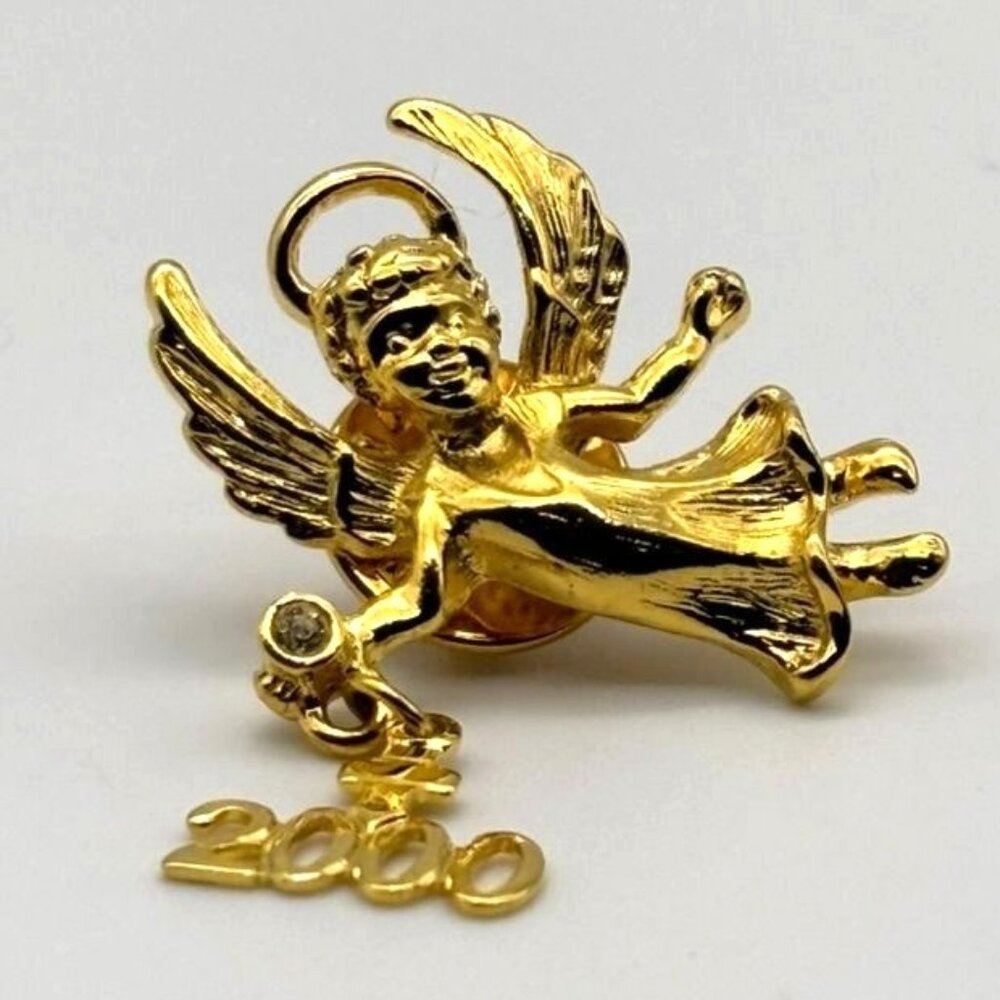 Vintage Year 2000 Angel Lapel Pin, Gold Tone Metal, Dangling "2000" W/Rhinestone